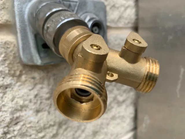 Solid Brass Double Two Way Tap Garden Adapt Connector or Hose Splitter