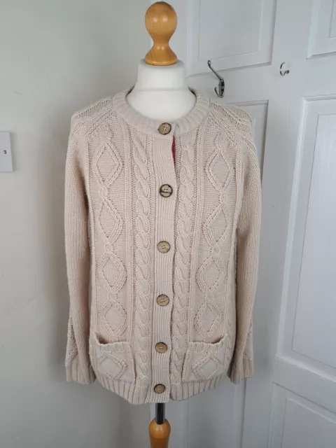 COUNTRY ROSE Cream Cable Knit Chunky Cardigan Size L Wool Content