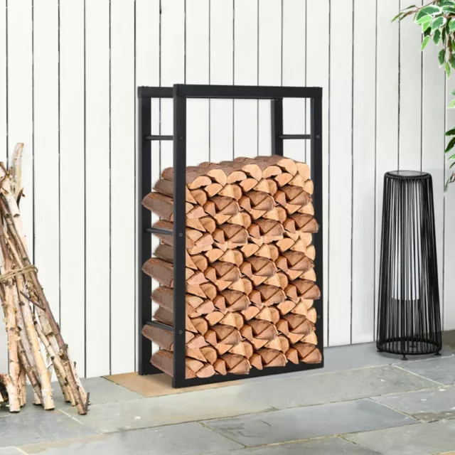 Large Black Firewood Log Rack Stoves Storage Holder Metal Shelf Stand Tall Steel