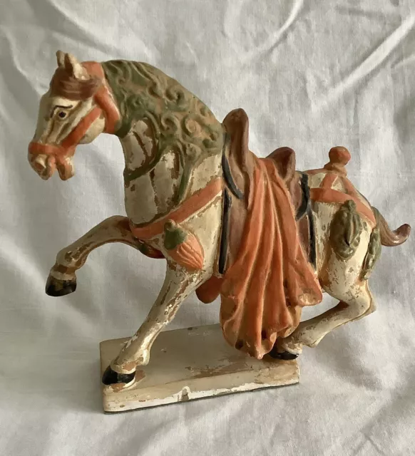 Vintage Painted Terracotta Tang Style War Horse Figurine - Made in Hong Kong