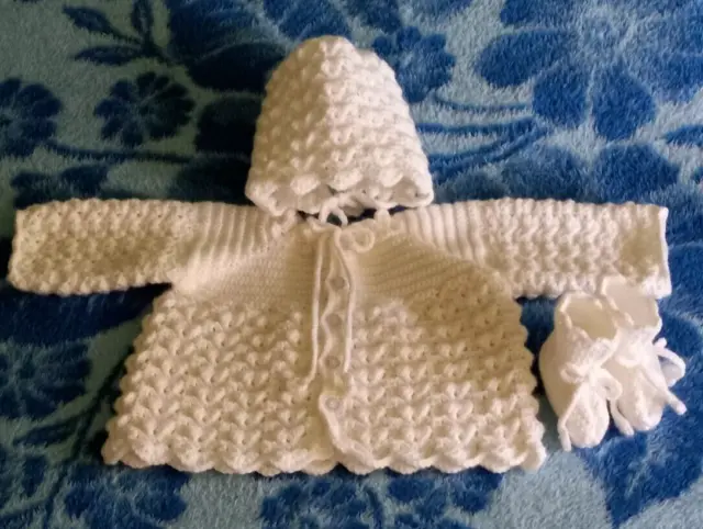 New Gift Handmade Crochet Day Keepsakes Baby Girl Shower White Jacket Set 6-12M