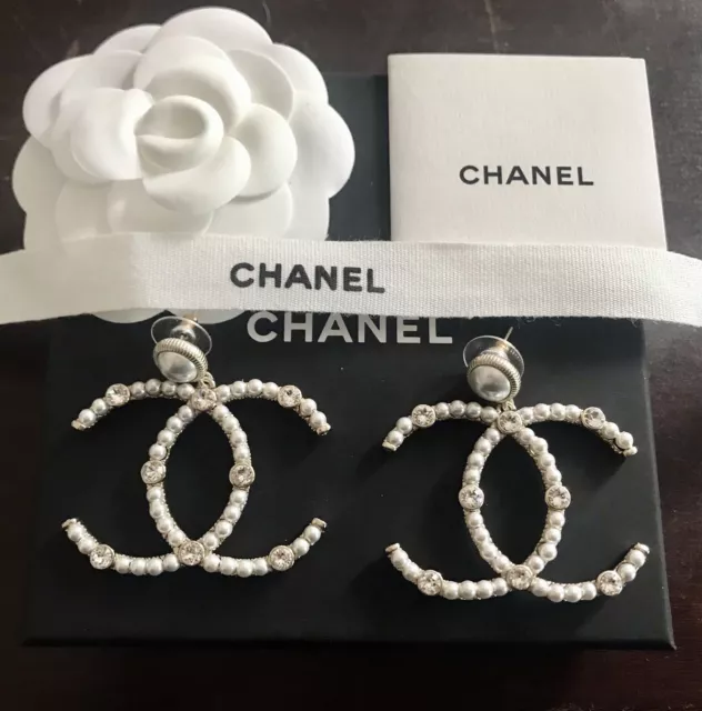 CHANEL CRYSTAL PEARL Large CC Gold Drop Earrings $485.00 - PicClick