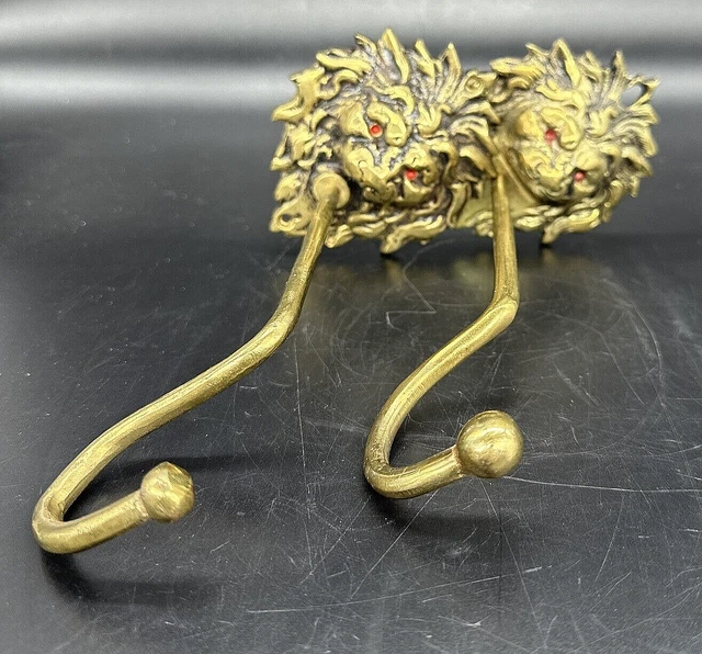 Pair Vintage Solid Brass Lion Head Red Eyes Curtain Tie Backs 7"