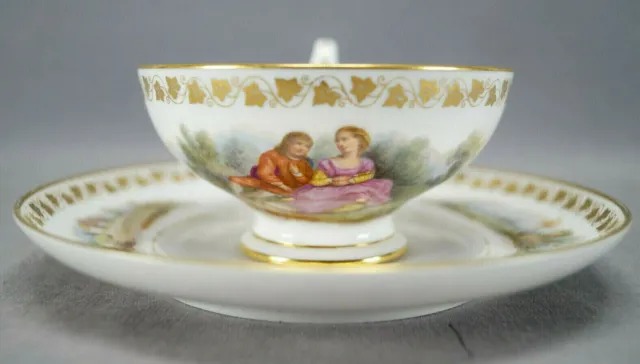 Sevres Hand Painted Watteau Scene & Gold Ivy Leaf Footed Tea Cup & Saucer A