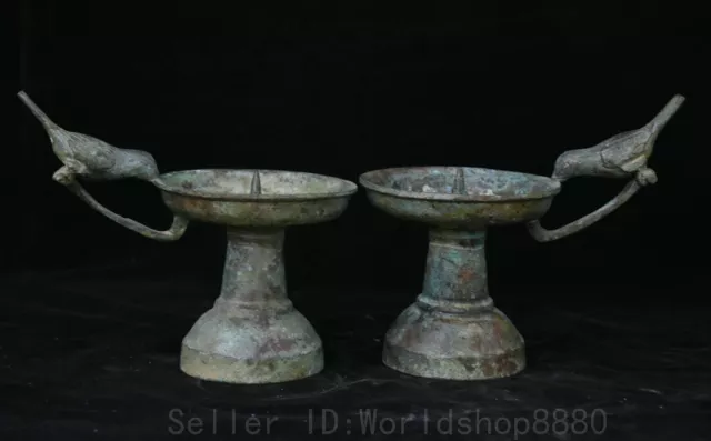 6.8" Old China Chinese Bronze ware dynasty bird Candle Holder Candlestick pair