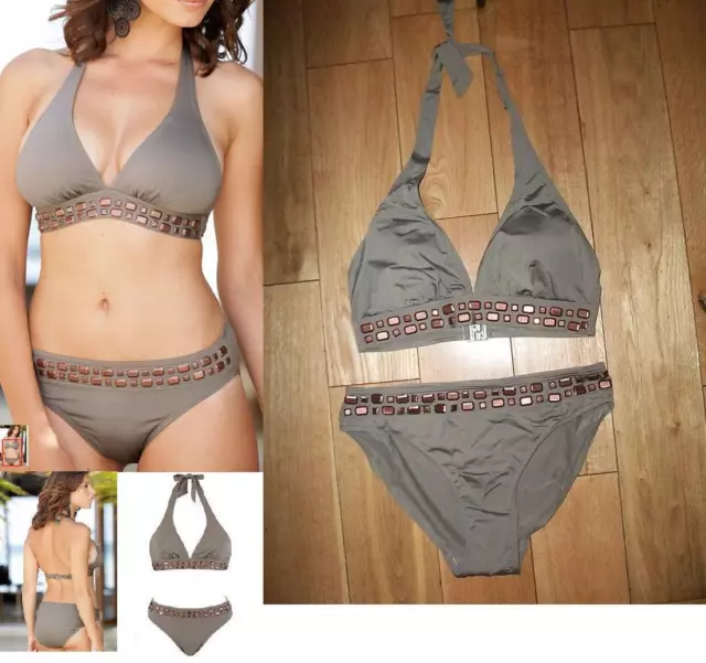 Elegante Costume Bikini Resort Sabbia/ Stone Grey taglia 44/46 applicazioni rame 3