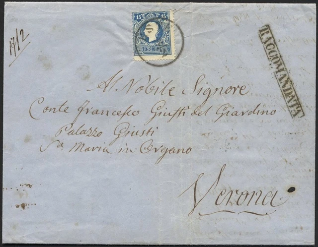 LOMBARDEI UND VENETIEN 10/1II BRIEF, 1860, 15 So. blau und 10 So. lilabraun (rüc