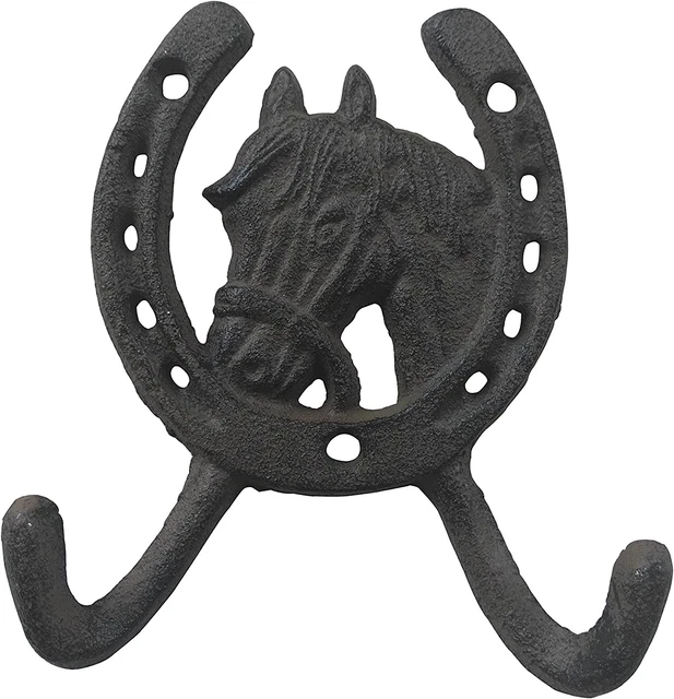 Cast Iron Horse Head Horseshoe Double Key Coat Hooks Wall Hanger Clo