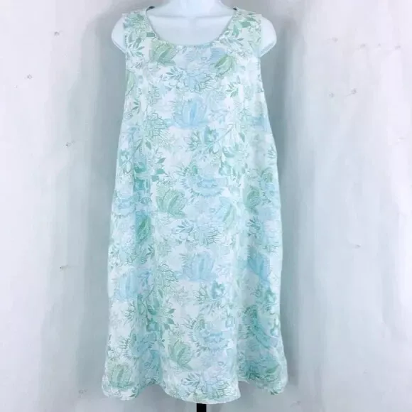 Rachel Zoe Womens Linen Sleeveless Blue Green Floral Shift Dress Pockets Large