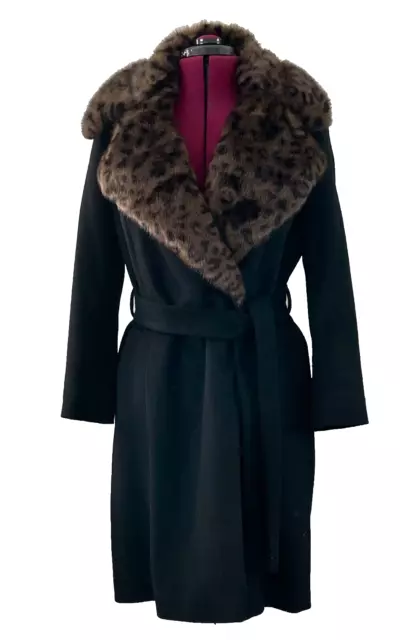 Via Spiga Leopard Faux Fur Collar Wool Double Breasted Coat Black Sz M New