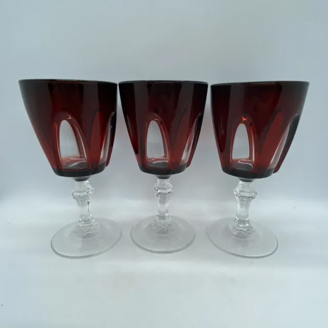 3 Vintage Ruby Wine Goblets Set by Luminarc Red & Clear Gothic Glasses