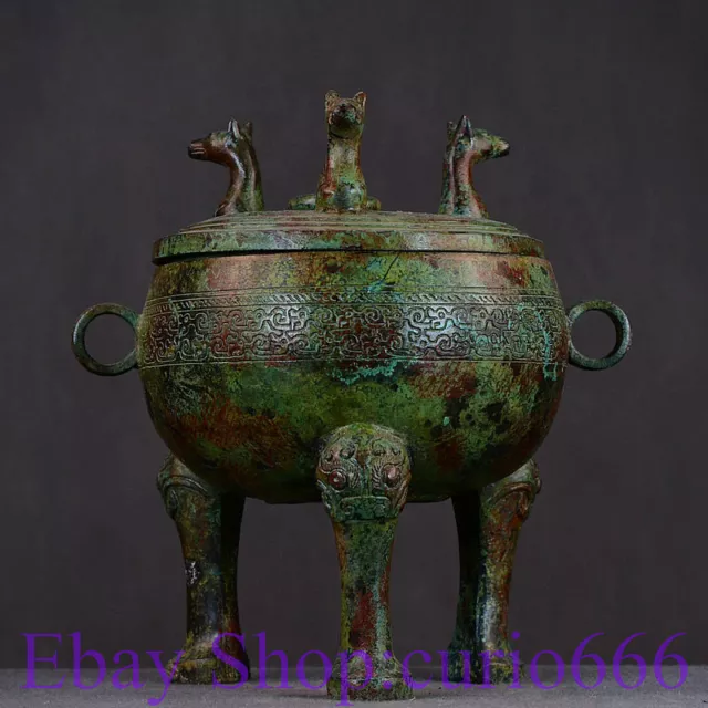 9" Old Chinese Bronze Ware Dynasty Handle 3 Legs Ding Incense Burner Censer