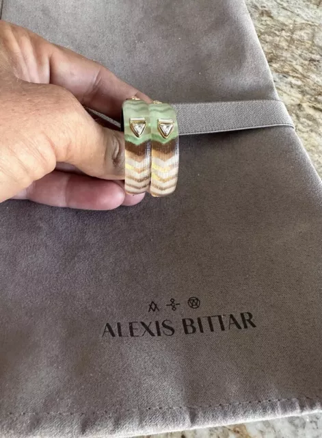 100%  Authentic Alexis Bittar Green, Brown Orange Lucite & Crystal Hoop Earrings