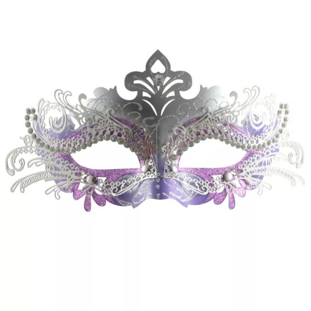 Masquerade Mask Purple Lace Metal  | Venetian Silver Diamante Wedding Ball Mask