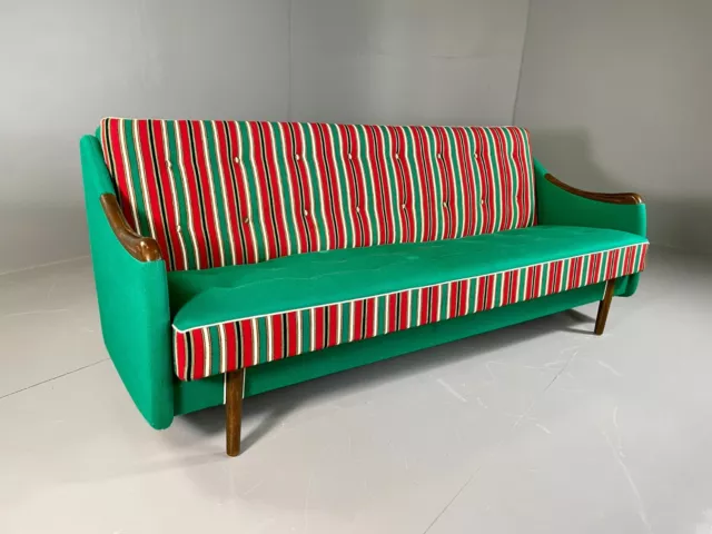 EB6181 Vintage Danish 3 Seat Sofa Bed Red and Green wood Paws Retro MCM M3SS