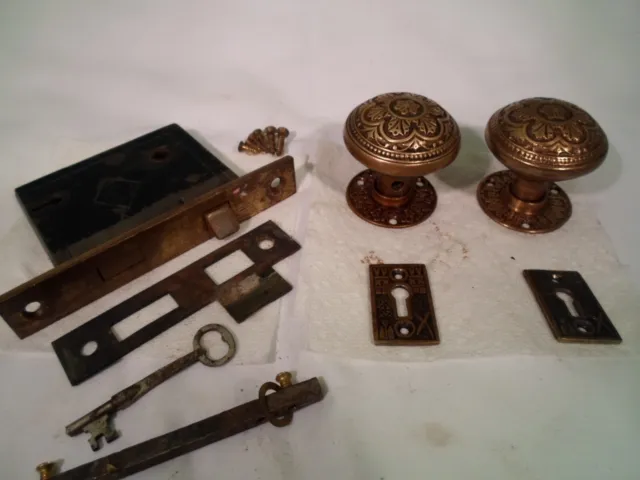 Antique Corbin Cast Brass Door Knob Set Lock w/ key #904