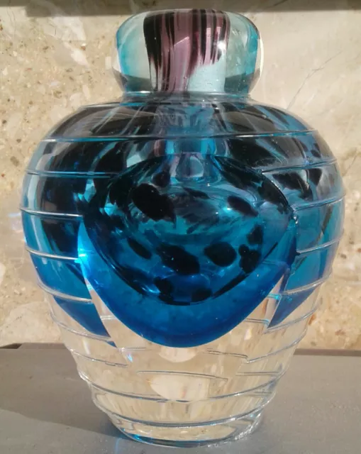 Studio Art Glass Bud Vase Blue Black and Clear Stunning