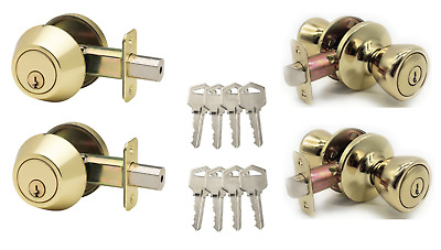 [2-PACK] Keyed Alike Deadbolt Entry Door Knob Lock Combo Set, Polished Brass