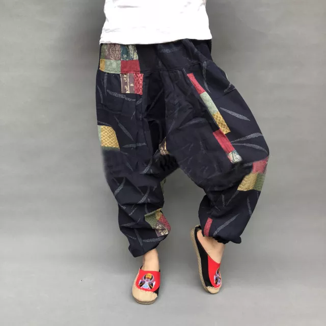 Mens Hip-hop Pants Harem Baggy Cotton Linen Loose Casual Boho Print Trousers