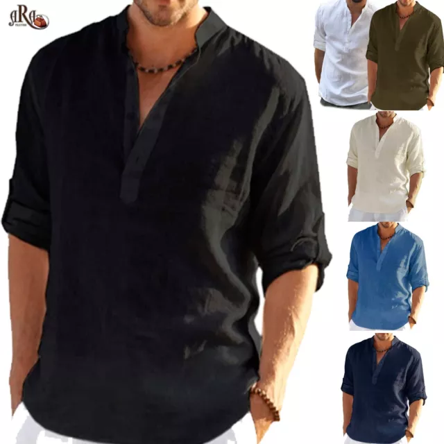 Camicia Uomo Di Lino Casual Slim Fit Manica Lunga Collo alla Coreana con Bottoni