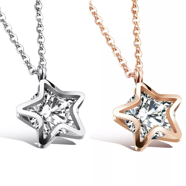 Damen Halskette Edelstahl Anhänger Stern Zirkonia Kette Schmuck Rosegold Silber