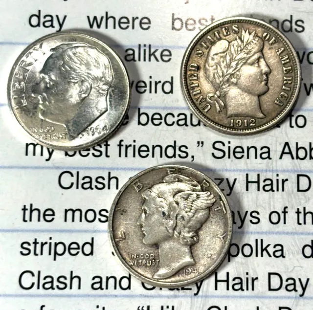 Mercury Dime, Barber Dime, & Bu Roosevelt Dime 3 Coin Set 90% Silver Free Ship