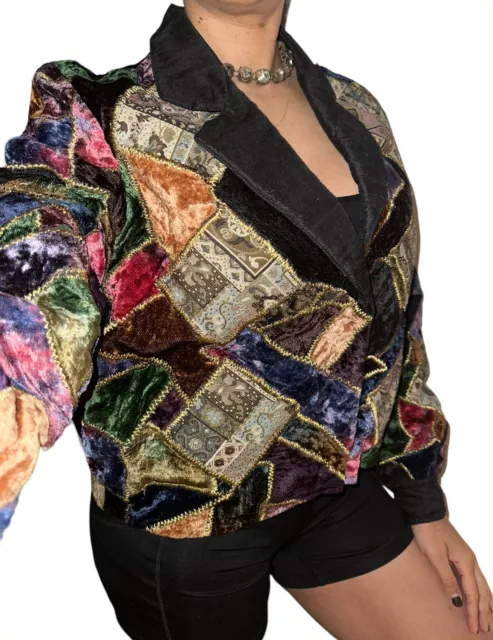 Judith Ann VTG Women Sz S RARE Velvet Metallic Patchwork Tapestry Jacket Button