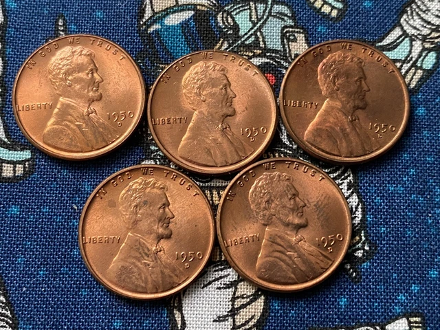 1950 D RED Lincoln Wheat Penny Cent UNCIRCULATED GEMS 5 PENNIES Nice Date
