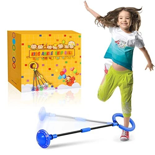 Ankle Skip Ball for Kids - Foldable Skip It with Colorful Flash Wheel, Blue