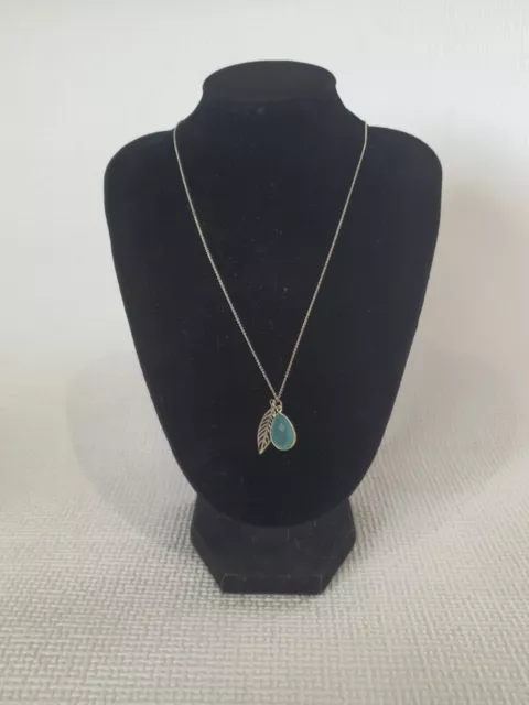 Sterling Silver Aqua Chalcedony Gemstone & Leaf Charm Pendant Necklace