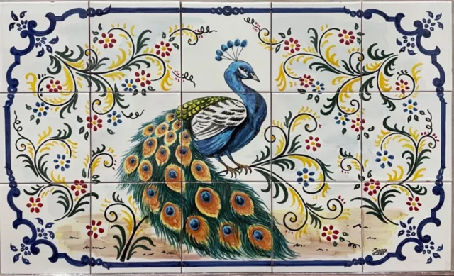 Peacock, beautiful mural, hand painted (15 tiles 6" Spanish ) Spain ceramic