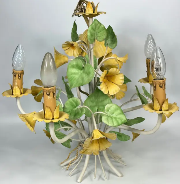Vintage French 5 Arm Toleware Metalware Ceiling Light with Yellow Metal Flowers