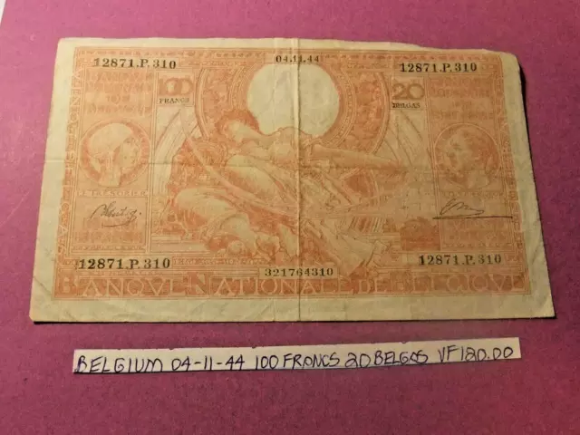1944 Belgium 100 FRANCS Banknote - VF