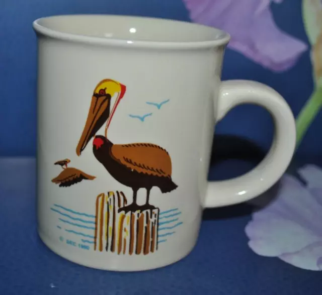 Down East Crafts Pelican Mug Cup Sand Beach Taupe Blue Vintage Coffee  Relief