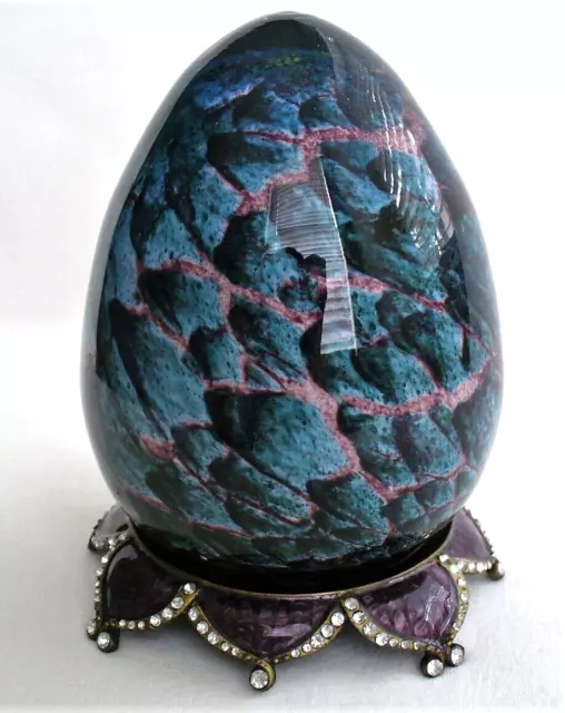 Vint~LARGE~Egg~CASED~Art Glass~MULTICOLOR~4" x 6"~Paperweight~FREE~Jeweled Stand