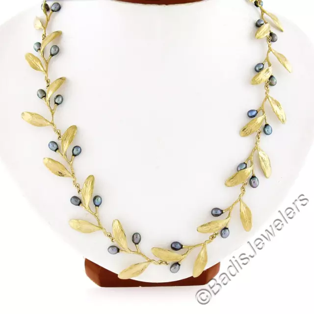 Mma 14K Gelbgold Barock Tahitische Perle Texturiert Olive Branch Blatt Halskette