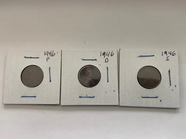 1946 P D S LINCOLN WHEAT CENT  PENNY SET OF 3 COINS LOT - See Photos!