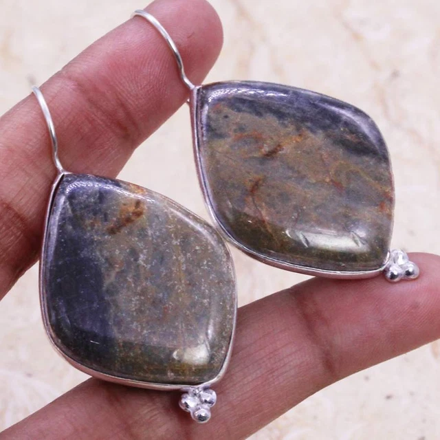 Gorgeous Picasso Jasper 925 Silver Plated Handmade Earrings of 1.7" Ethnic Gift