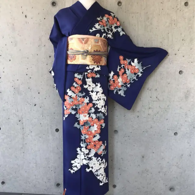 Japanese Semi-formal Kimono Houmongi Pure Silk 162.5cm Dark Blue Florai Antique