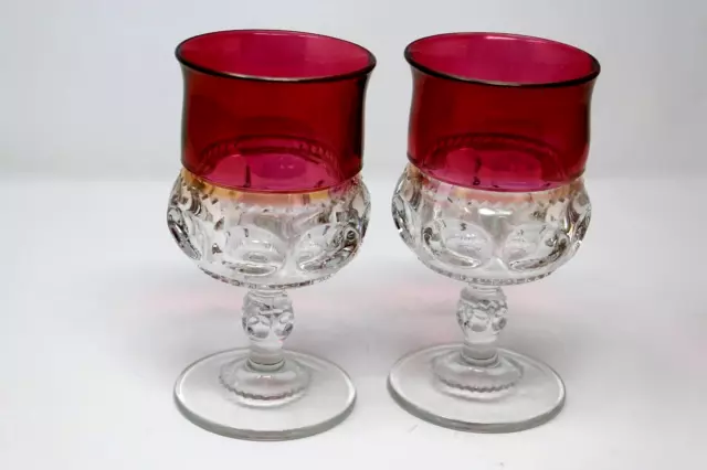 TWO Kings Crown Ruby Red Flash Thumbprint 5 1/2" Tiffin Goblets Water Wine Glass