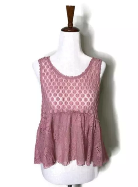 Free People Womens Top Embroidered Lace Sheer Crop Sleeveless Blouse Pink S
