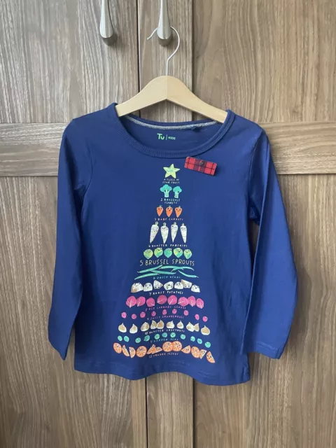 Top natalizio TU bambini ragazze maniche lunghe blu navy 3-4 anni nuovo