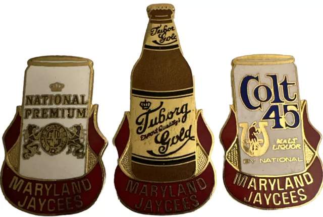 3 Vintage Maryland Jaycees National Brewing Co. Premium Colt 45 Tuborg Gold Pins