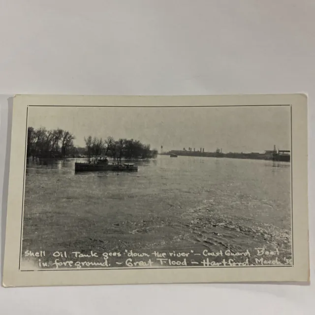 1936 Hartford Flood Shell Oil Tank Goes Down the River Coast Guard Boat Postcard