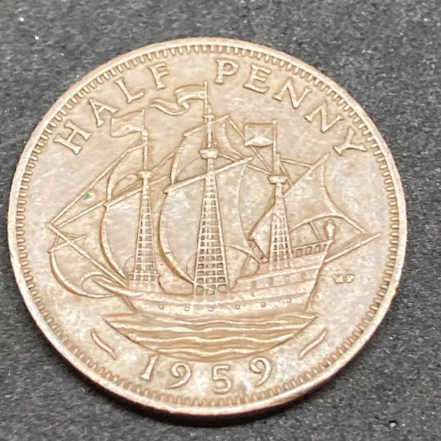 1959 Half Penny Gb Uk Queen Elizabeth Ii Coin