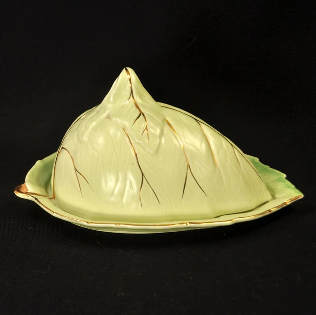 Royal Winton Grimwades Leaf Ware Butter Cheese Keeper Light Green w/Gold 1950's