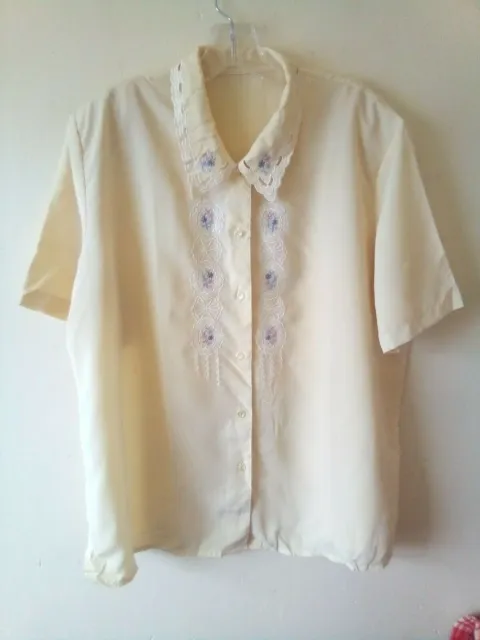 Vintage 80s  90s Shirt Blouse Lemon Yellow Floral Embroidery Landgirl   Sz 16 18