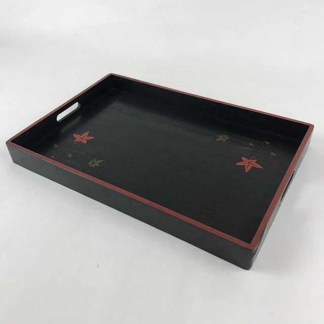 Japanese Lacquered Wooden Serving Tray Vtg Obon Maple Momiji Red Black UR988