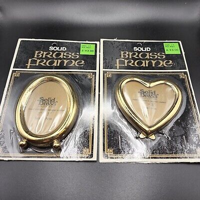 2 VTG Solid Brass HEART & OVAL Mini Picture Frames Photos NOS