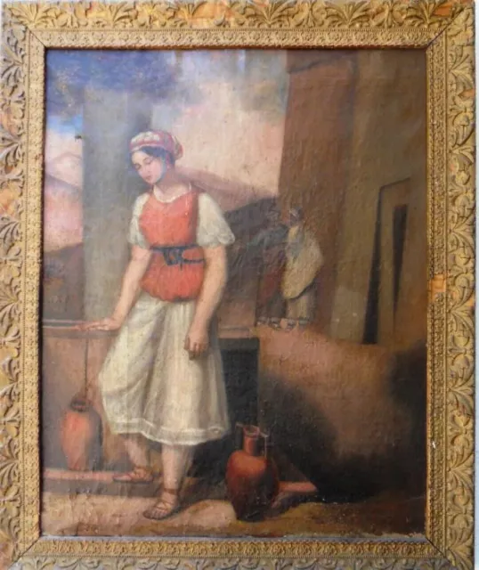 Old Oil Painting Religious Scene Portrait Woman "Rebecca at the Well" XVIIIth